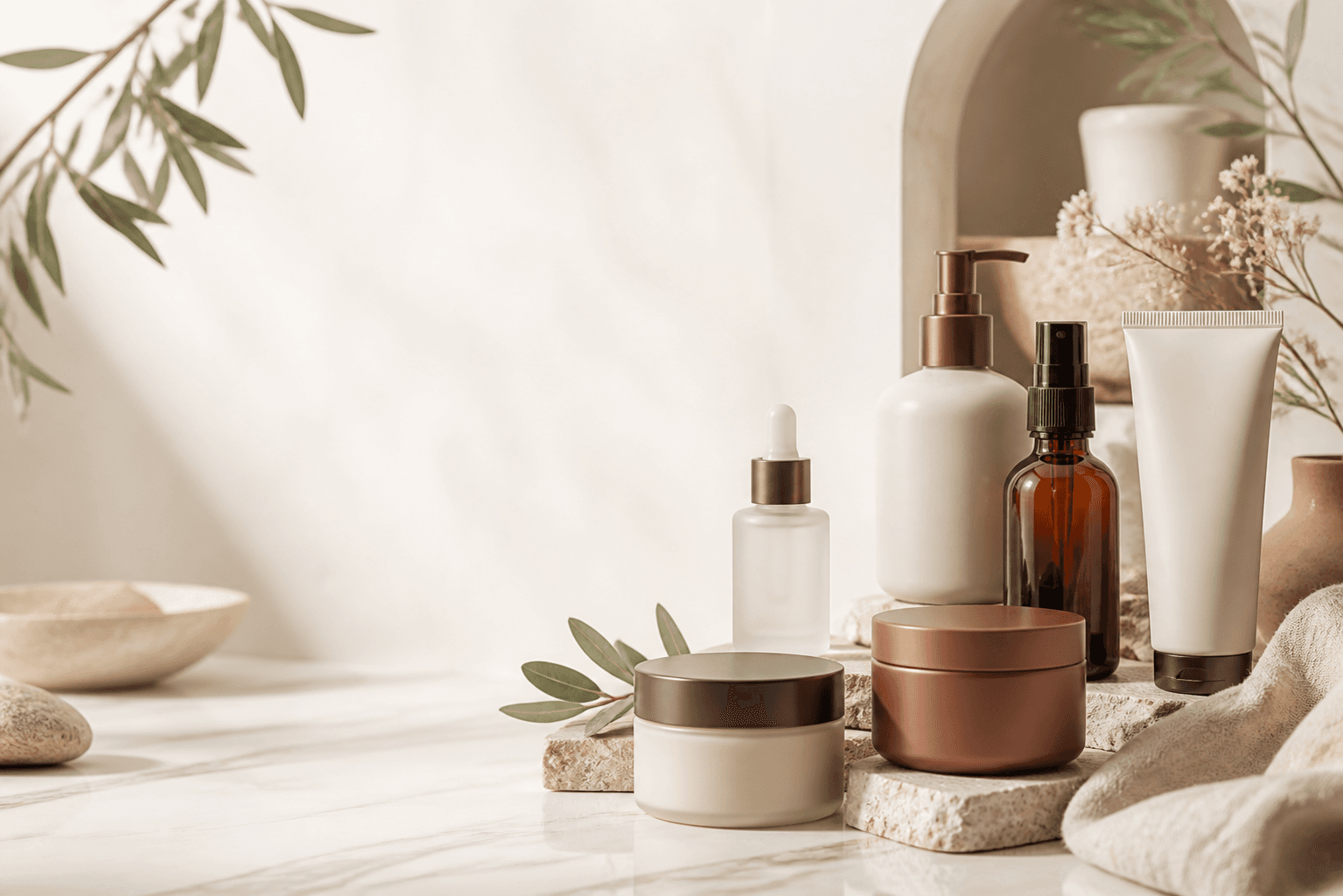 Productos cosmeticos premium sobre superficie de piedra con hojas botanicas